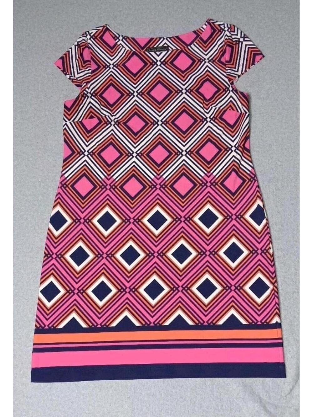 Jessica Howard Shift Dress Womens Size Large Pink And Navy Blue Diamond...